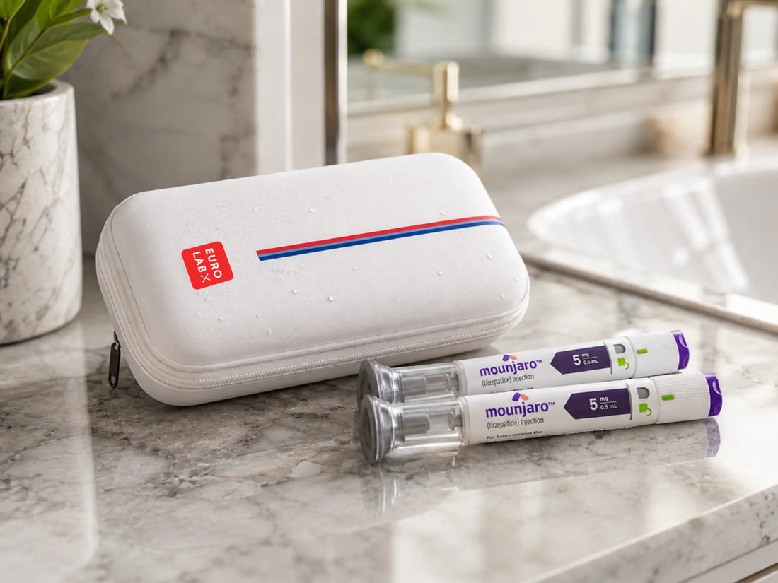multiple Mounjaro auto-injector pens packed in a travel cooler