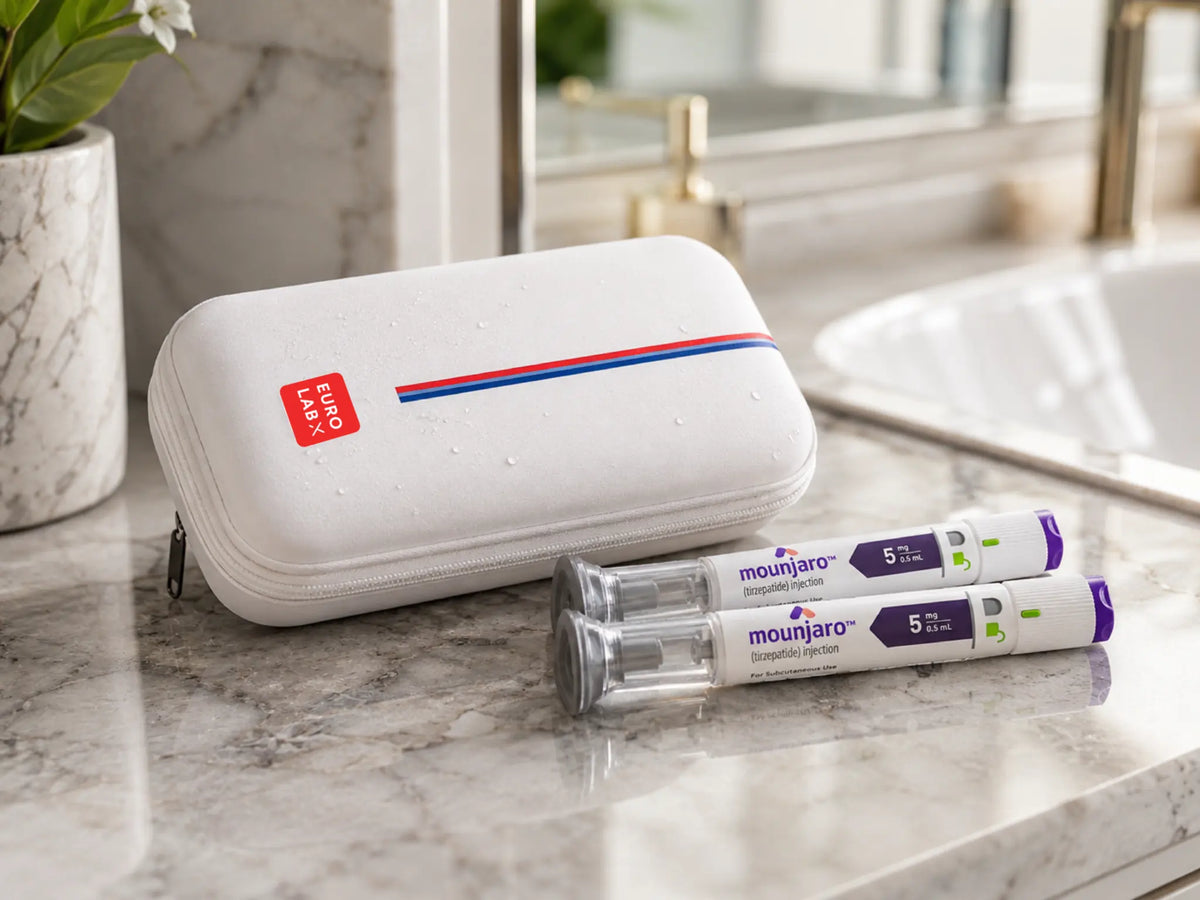 multiple Mounjaro auto-injector pens packed in a travel cooler