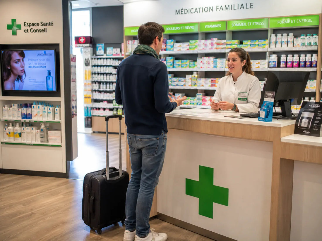 Traveler buying prescription medication at a pharmacy overseas