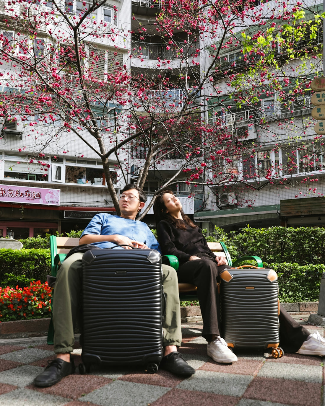 A man and woman sitting on a bench with their luggage