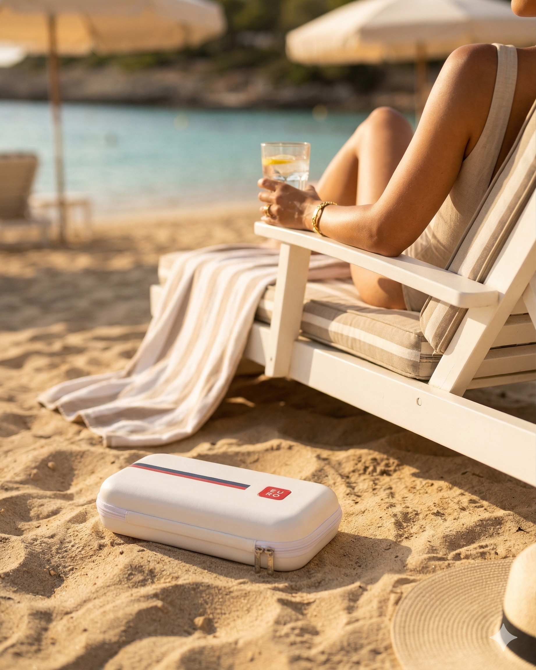 Mounjaro cooler travel case shown on vacation in beach summer