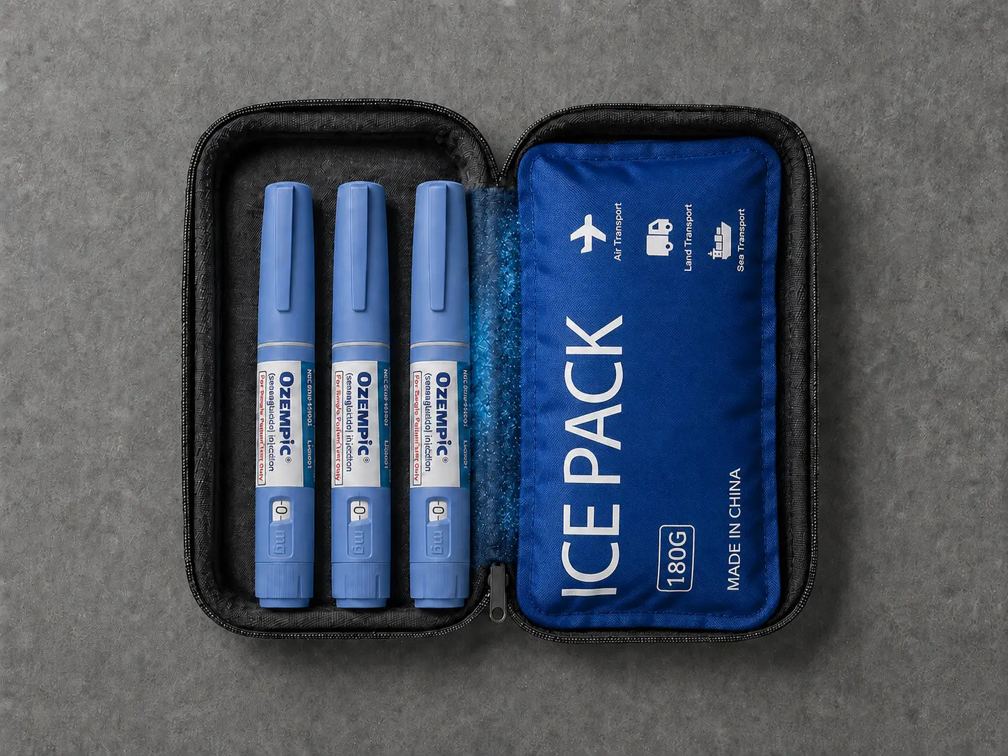 Generic medication pens touching a frozen blue gel pack inside a travel case