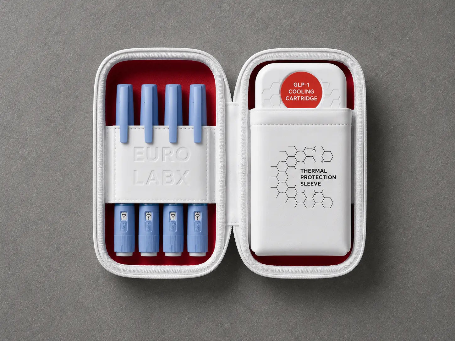 Eurolabx case with medication pens separated from the ThermoX cartridge by a thermal protection sleeve